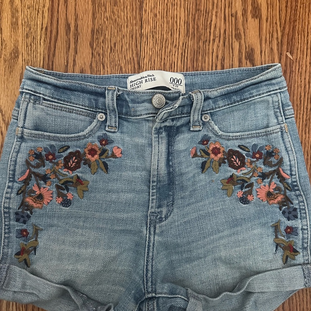 Abercrombie & Fitch Light Blue Embroidered High Waist Shorts